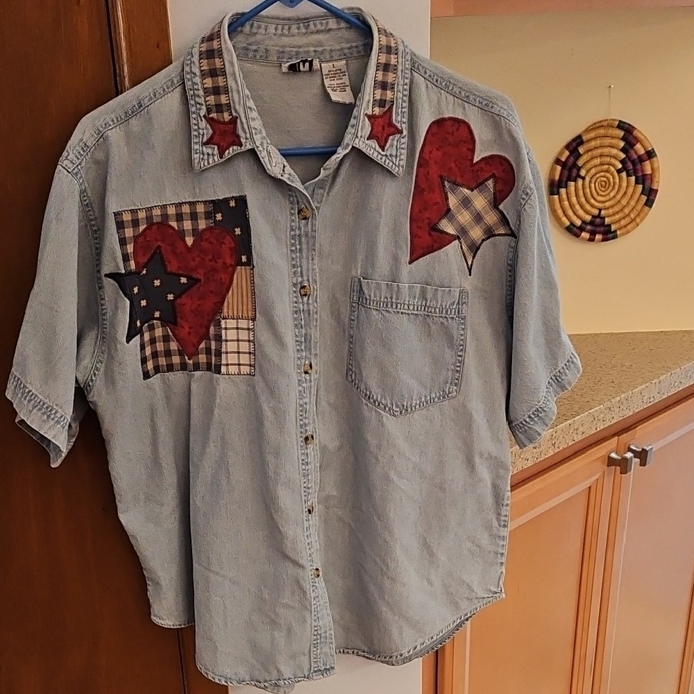 Vintage Cotton Denim Shirt With Hearts And Stars